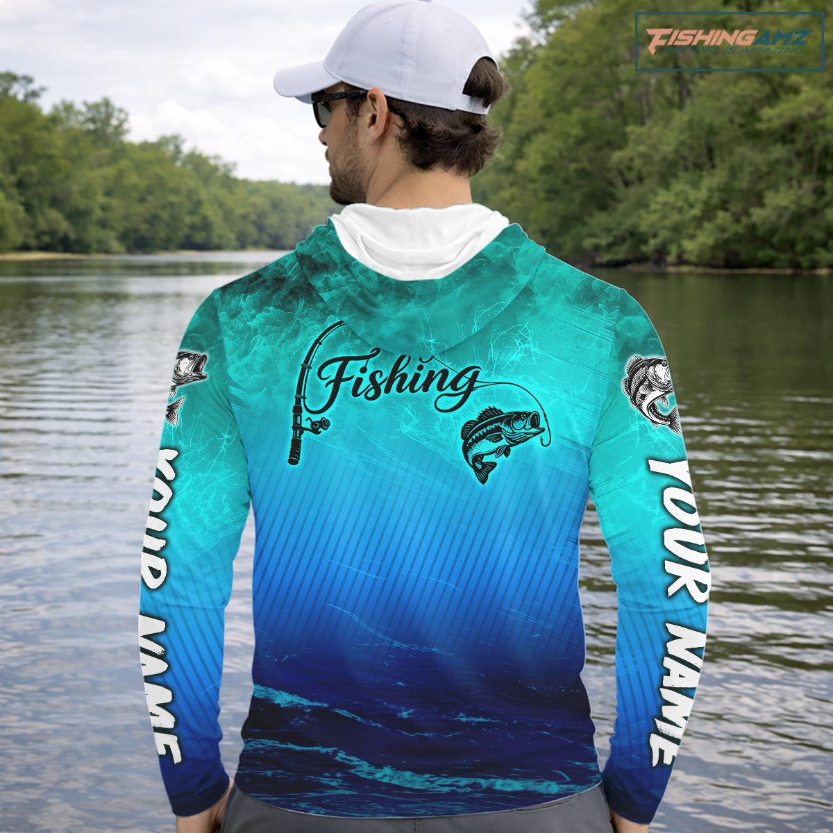 Custom Name Teal Blue Bass Fishing Jersey - Personalized 3D Long Sleeve Hooded Fishing Shirt 