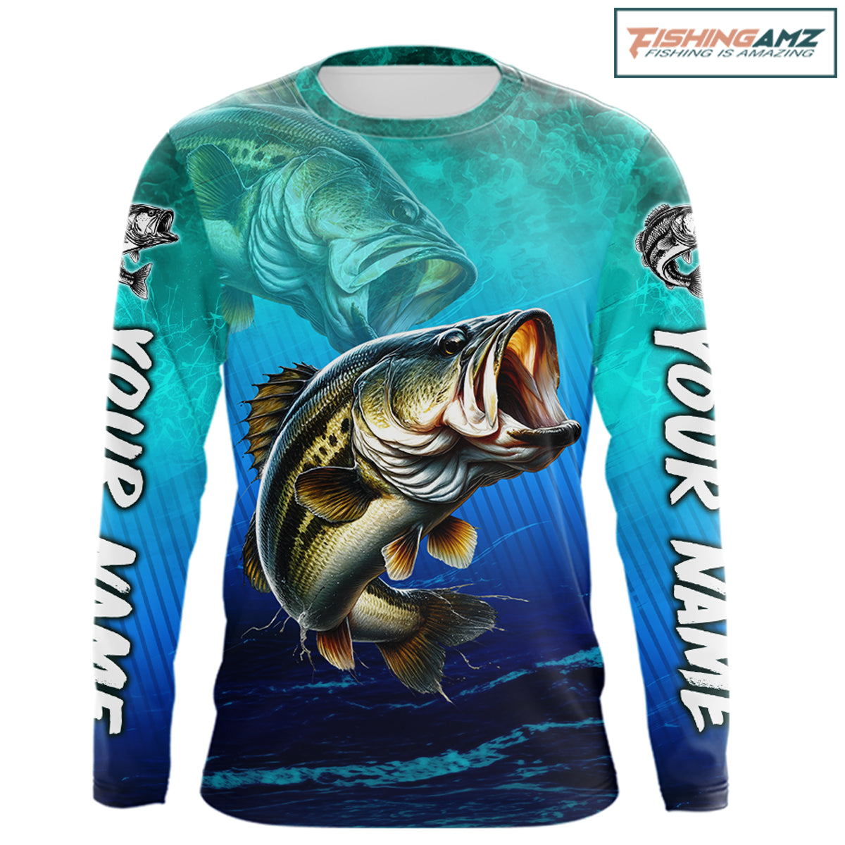 Custom Name Teal Blue Bass Fishing Jersey - Personalized 3D Long Sleeve Fishing Shirt 