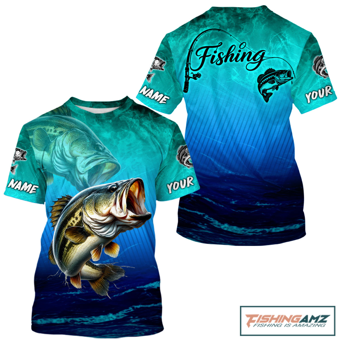 Custom Name Teal Blue Bass Fishing Jersey - Personalized 3D Fishing T - Shirt 