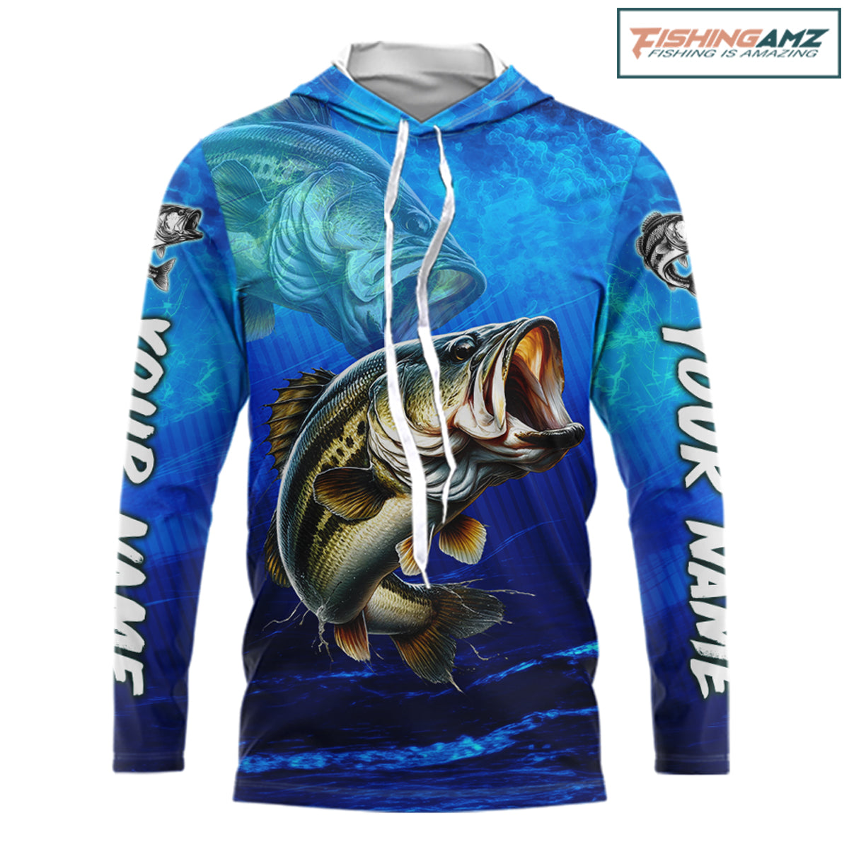 Custom Name Royal Blue Bass Fishing Jersey - Personalized 3D Long Sleeve Hooded Fishing Shirt 