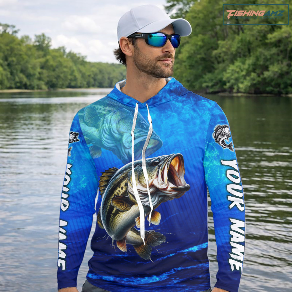 Men Wearing Custom Name Royal Blue Bass Fishing Jersey - Personalized 3D Long Sleeve Hooded Fishing Shirt 