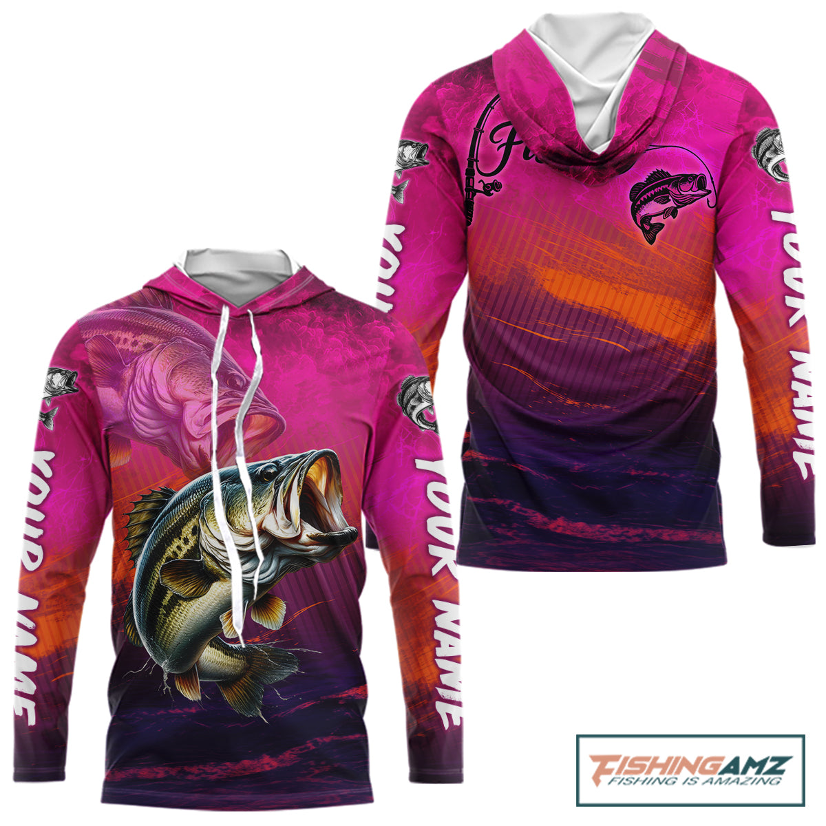 Custom Name Hot Pink Bass Fishing Jersey - Personalized 3D Long Sleeve Hooded Fishing Shirt 