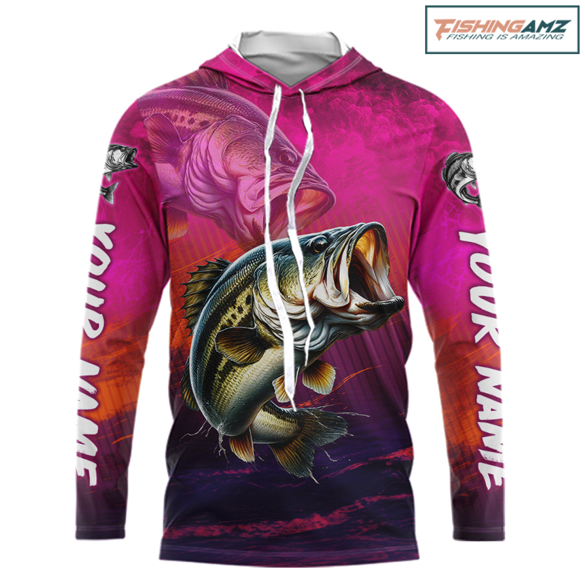Custom Name Hot Pink Bass Fishing Jersey - Personalized 3D Long Sleeve Hooded Fishing Shirt 