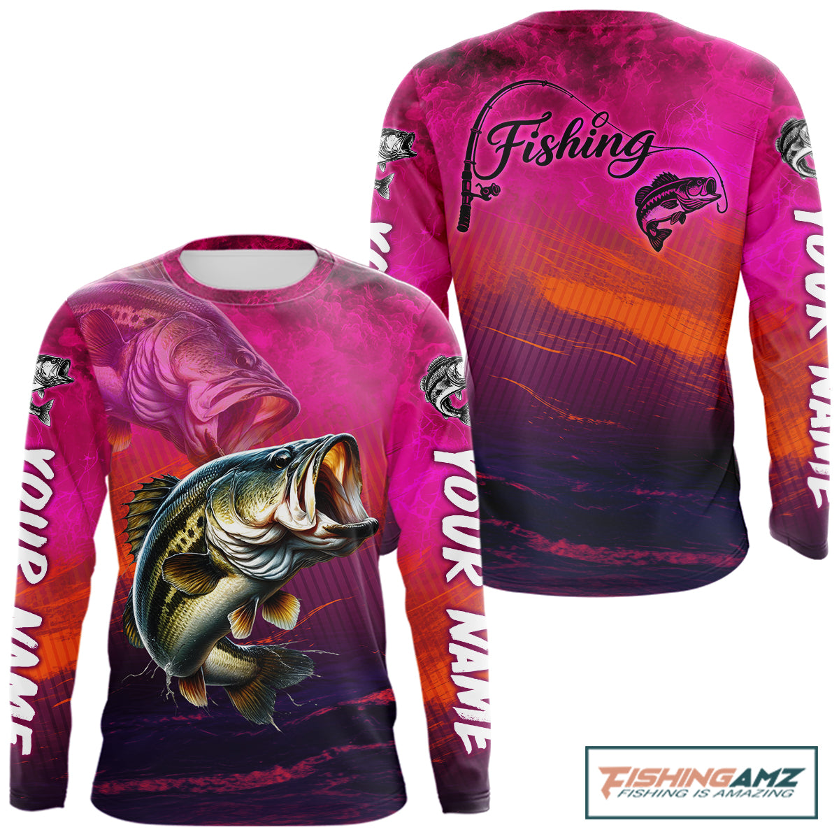 Custom Name Hot Pink Bass Fishing Jersey - Personalized 3D Long Sleeve Fishing Shirt 