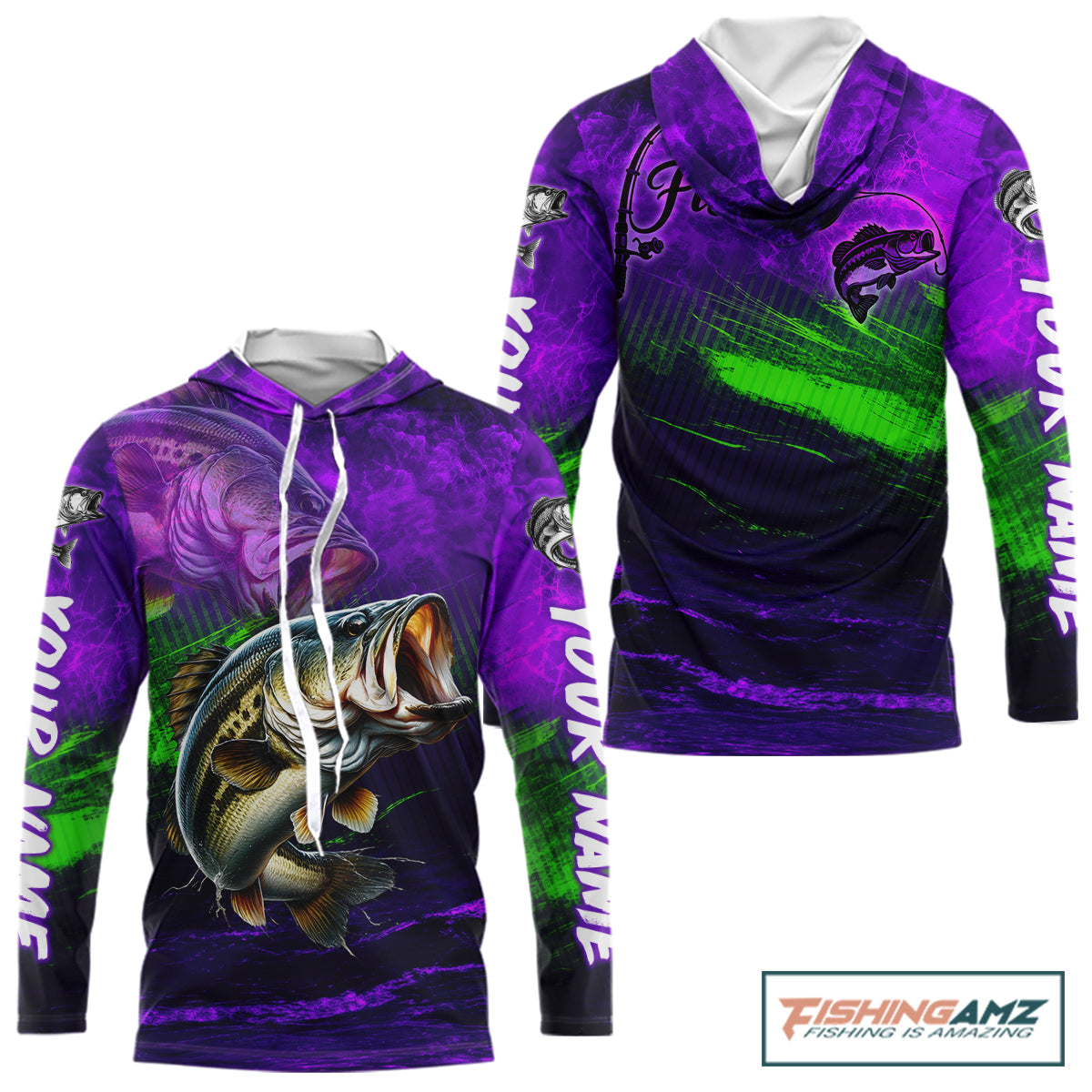Custom Name Purple Lime Bass Fishing Jersey - Personalized 3D Long Sleeve Hooded Fishing Shirt 