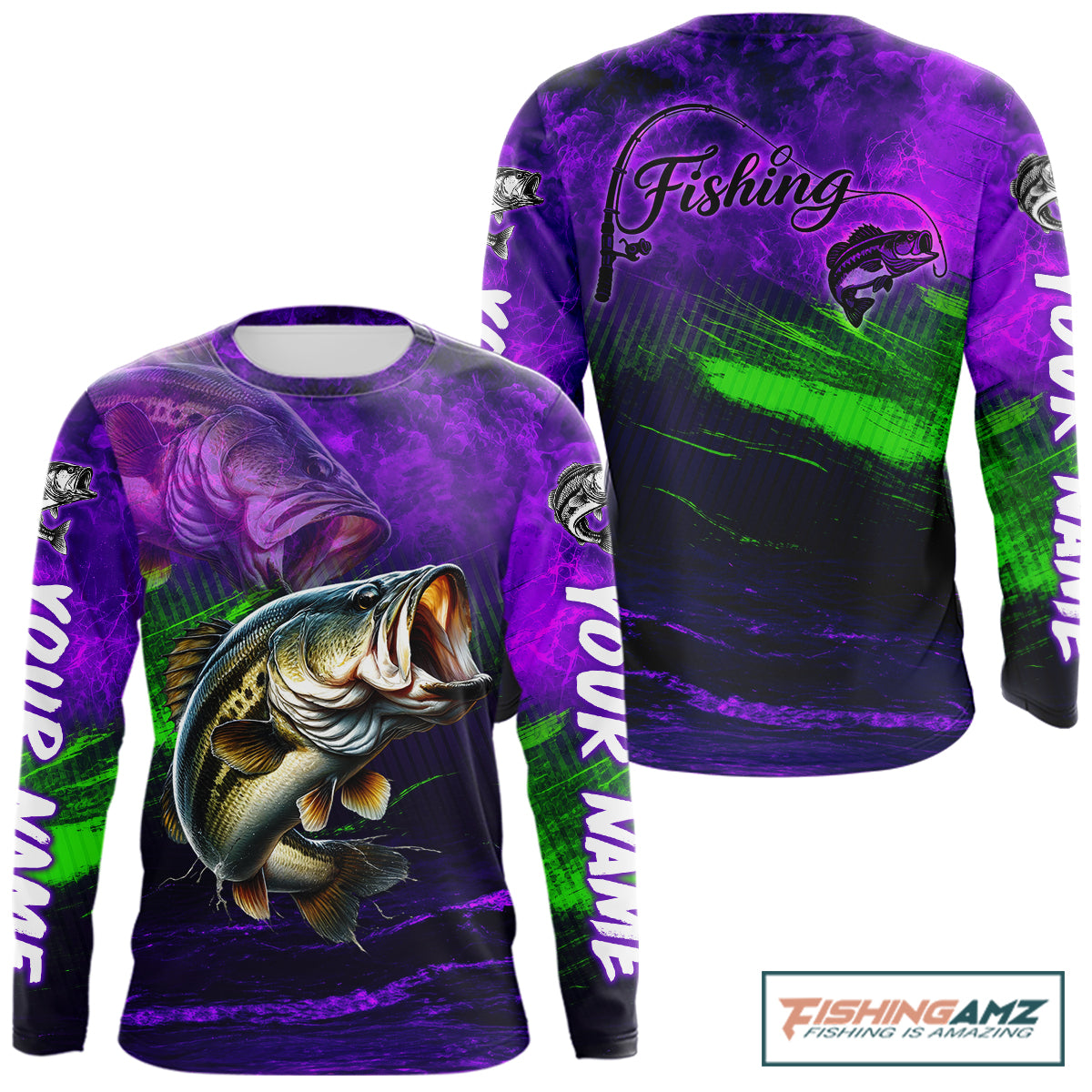 Custom Name Purple Lime Bass Fishing Jersey - Personalized 3D Long Sleeve Fishing Shirt 