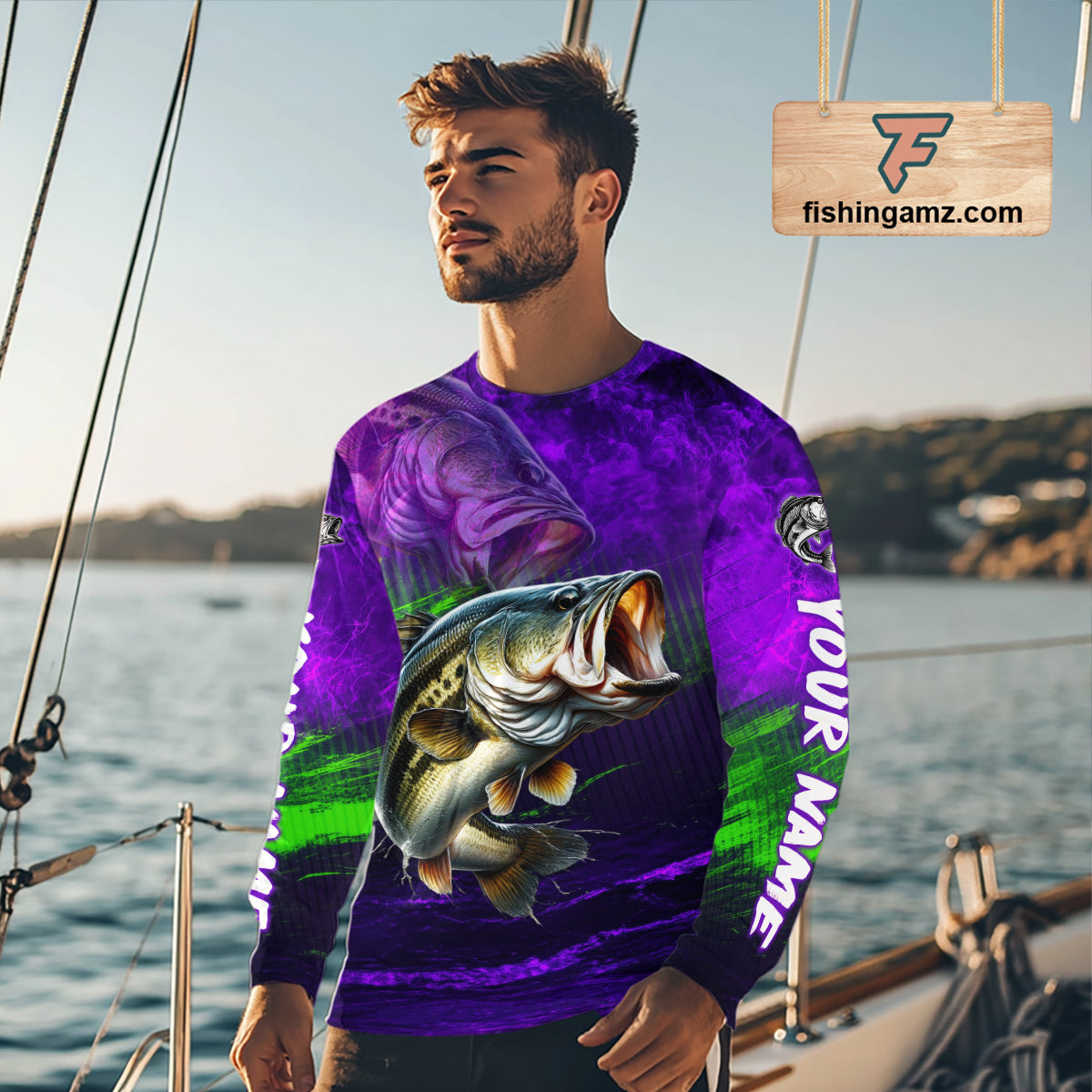 Custom Name Purple Lime Bass Fishing Jersey - Personalized 3D Long Sleeve Fishing Shirt 
