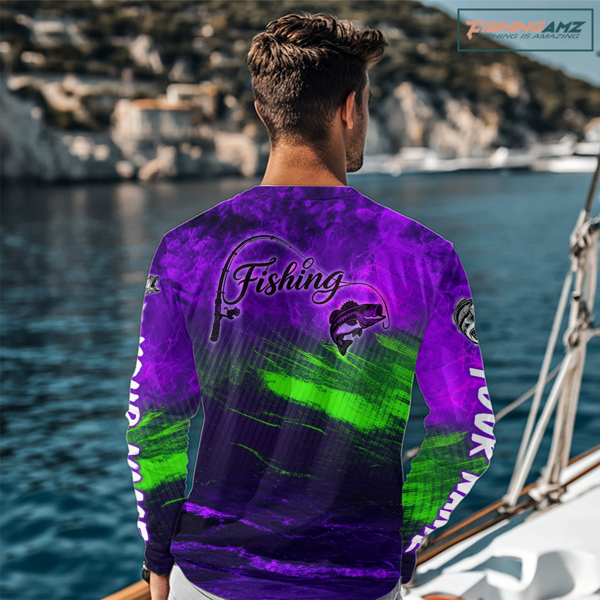 Custom Name Purple Lime Bass Fishing Jersey - Personalized 3D Long Sleeve Fishing Shirt 