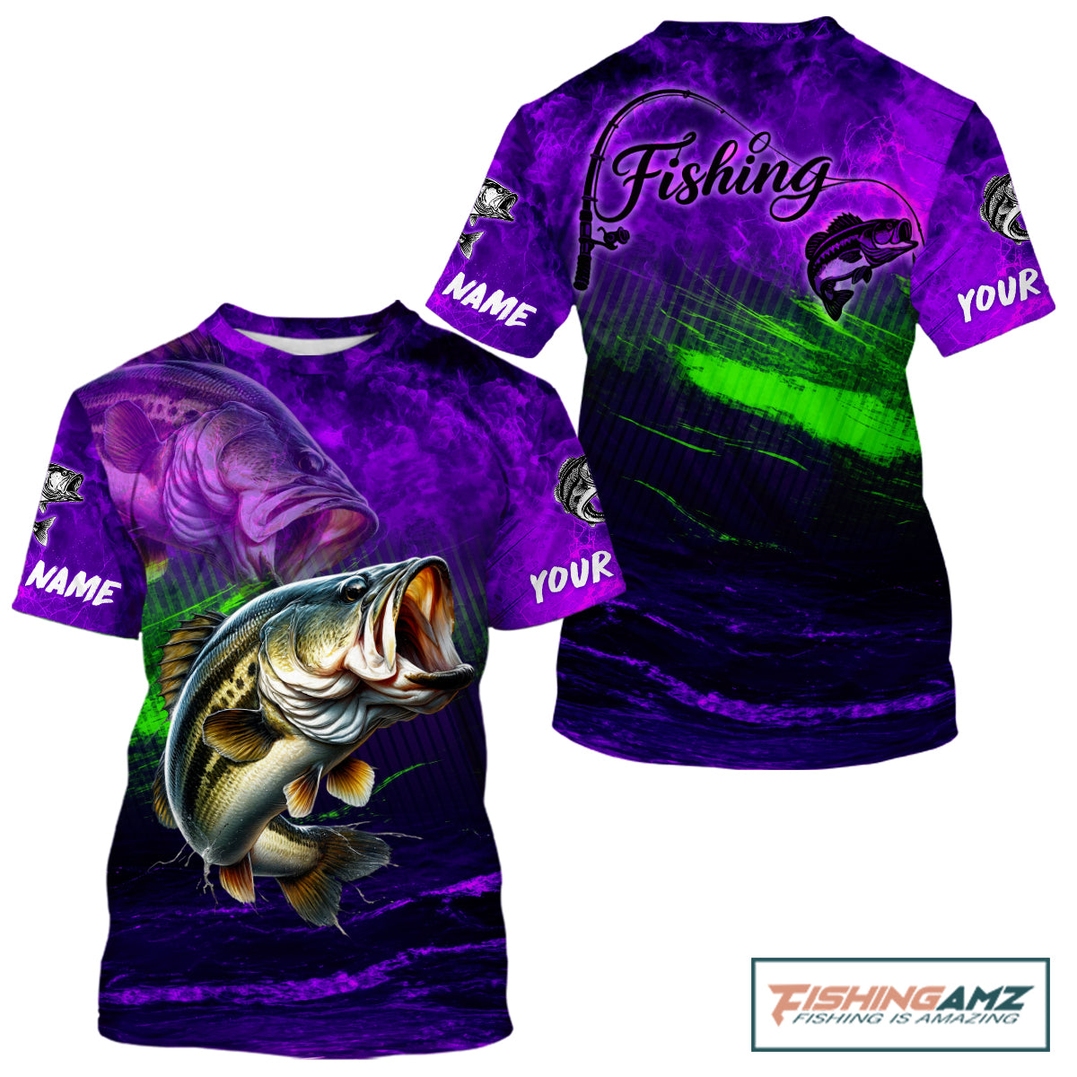 Custom Name Purple Lime Bass Fishing Jersey - Personalized 3D Fishing T - Shirt 