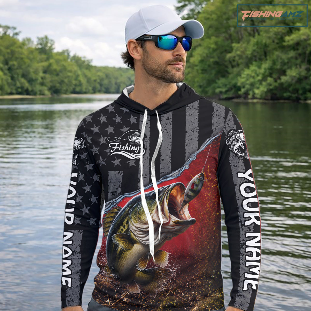 Gray Red Bass Custom Long Sleeve Hooded Fishing Shirts, Bass Fishing Jerseys
