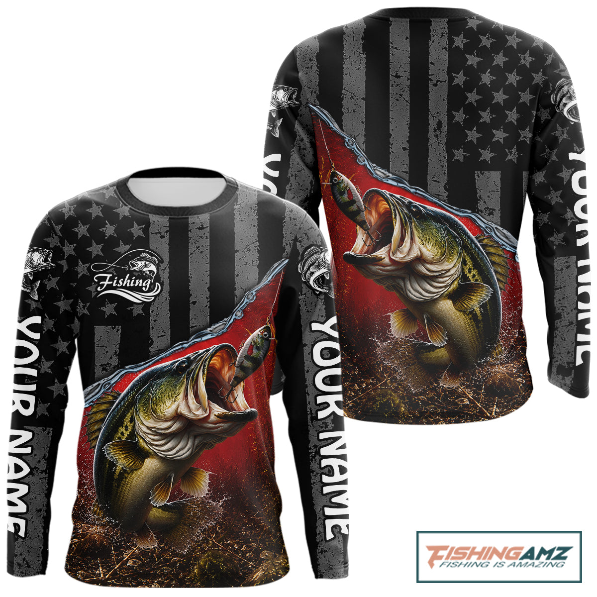 Gray Red Bass Custom Long Sleeve Fishing Shirts, Bass Fishing Jerseys