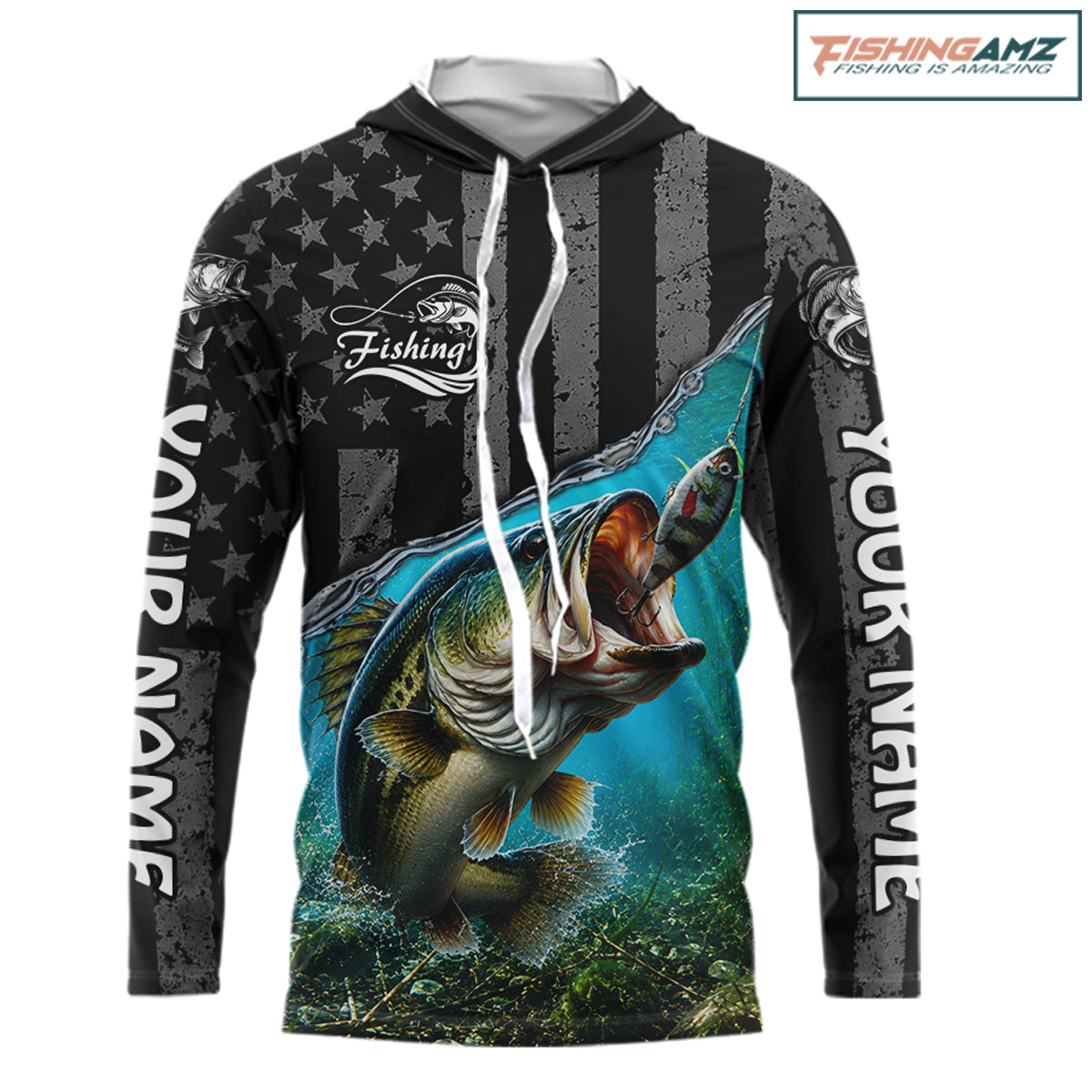 Gray Blue Bass Custom Long Sleeve Hooded Fishing Shirts, Bass Fishing Jerseys