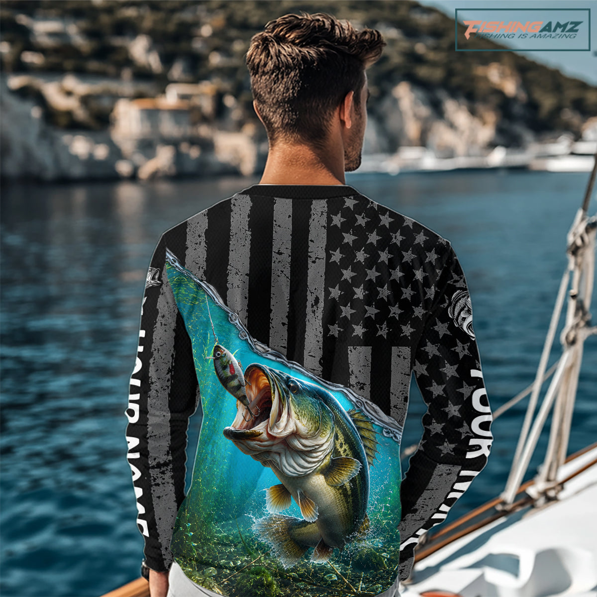 Gray Blue Bass Custom Long Sleeve Fishing Shirts, Bass Fishing Jerseys