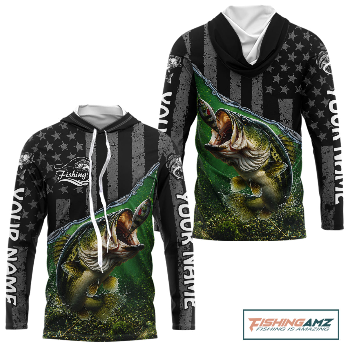 Gray Green Bass Custom Long Sleeve Hooded Fishing Shirts, Bass Fishing Jerseys