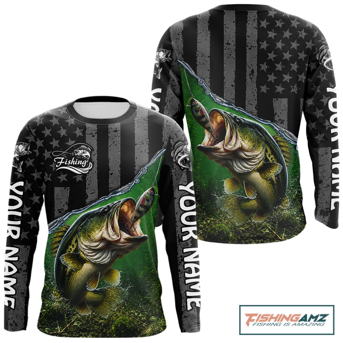 Gray Green Bass Custom Long Sleeve Fishing Shirts, Bass Fishing Jerseys
