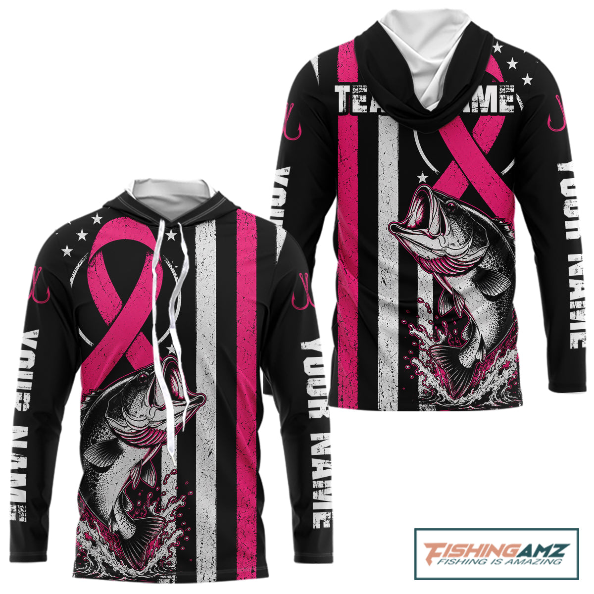 A custom black long-sleeve hoodie with a pink awareness ribbon, a fish graphic, distressed vertical stripes, and white text on the sleeves, shown on a white background 