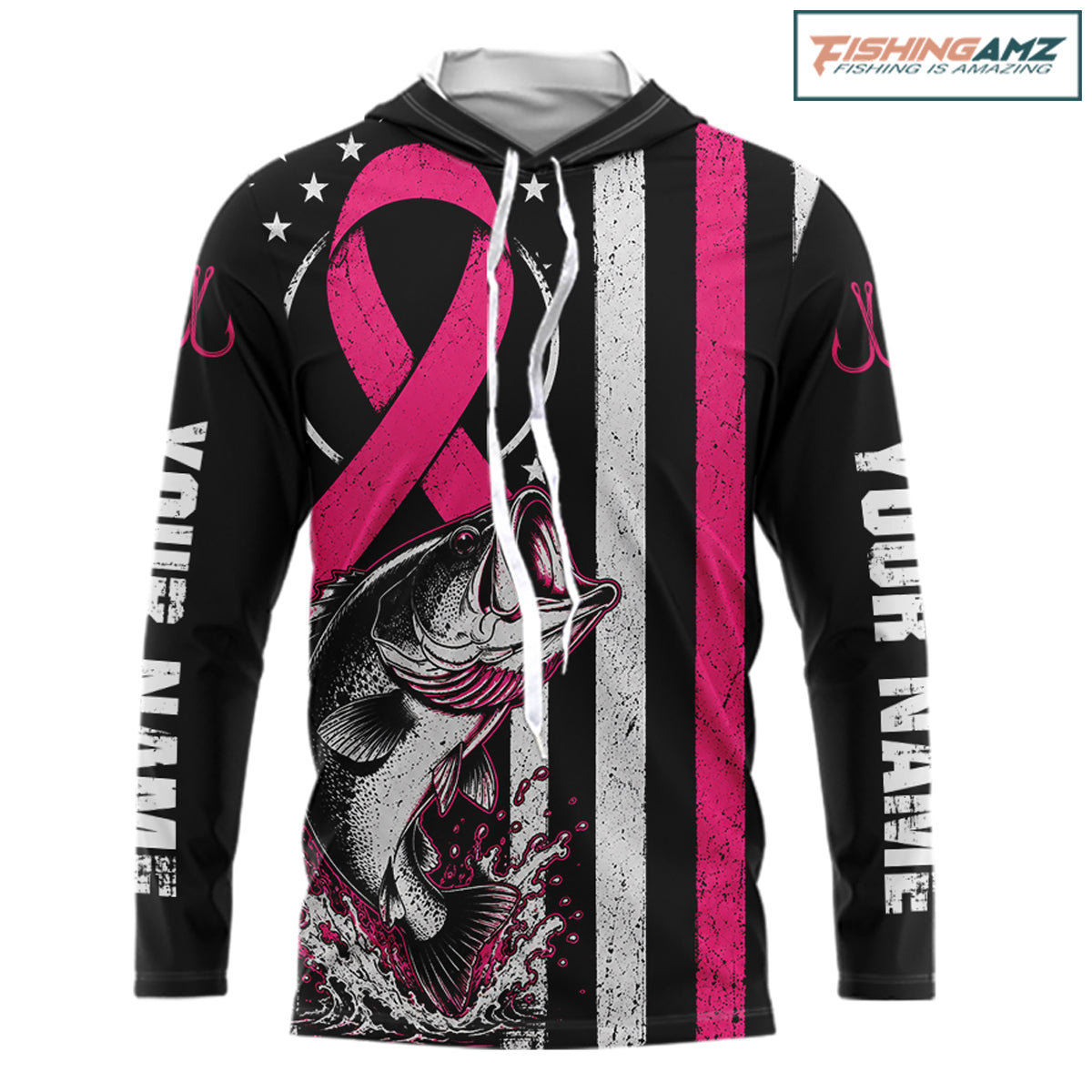 A custom black long-sleeve hoodie with a pink awareness ribbon, a fish graphic, distressed vertical stripes, and white text on the sleeves, shown on a white background 