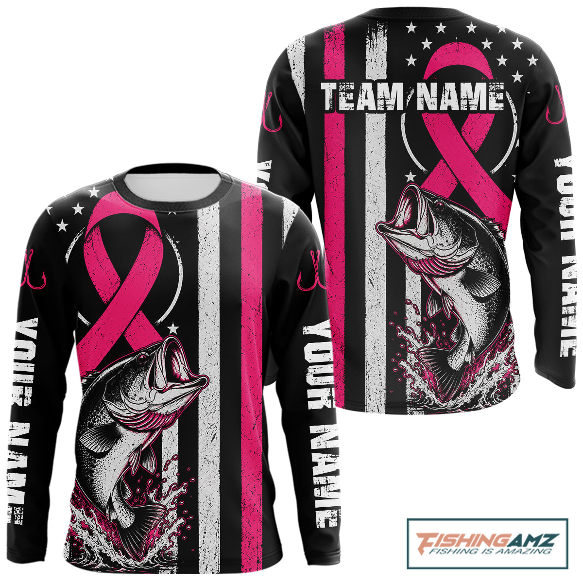 A long-sleeve black graphic shirt featuring a pink awareness ribbon, a fish illustration, distressed white and pink vertical stripes, and 'YOUR NAME' printed down both sleeves. A 'FISHINGAMZ' logo is visible in the top right corner.