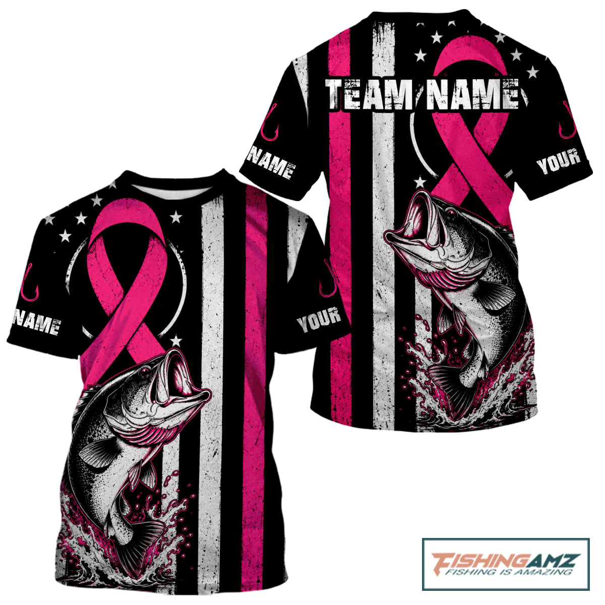 A customizable short-sleeve t-shirt with a black, white, and pink patriotic design featuring a jumping fish, a pink ribbon, and vertical stripes. The shirt includes placeholder text 'NAME' and 'YOUR' on the sleeves, and a 'ChipteeAmz' logo is visible in the top right corner.