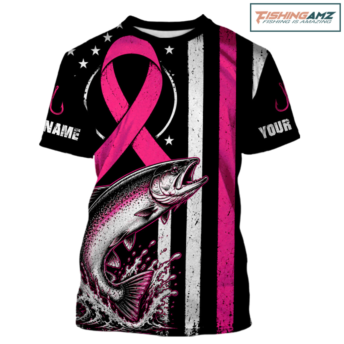 A customizable black short-sleeve t-shirt featuring a pink awareness ribbon, a leaping salmon graphic, and vertical distressed white and pink stripes. The shirt includes placeholder text 'NAME' and 'YOUR' on the sleeves, and a 'FISHINGAMZ' logo is visible in the top right corner.