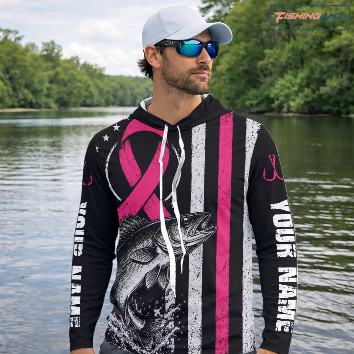 Breast Cancer Awareness Walleye Fishing Shirts Long Sleeve Hooded Personalized Custom Name NHT1292