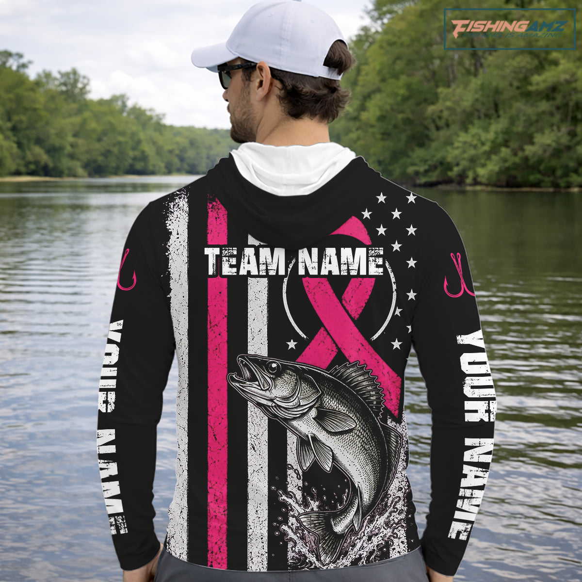 Breast Cancer Awareness Walleye Fishing Shirts Long Sleeve Hooded Personalized Custom Name NHT1292