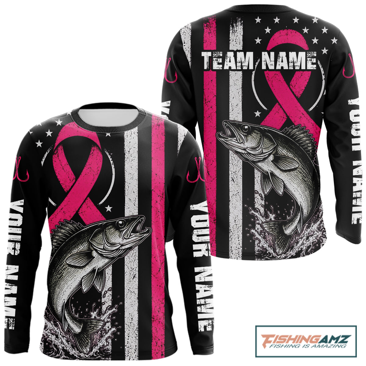 A long-sleeve black shirt with a pink awareness ribbon, a large fish graphic, distressed vertical white and pink stripes, and 'YOUR NAME' printed down both sleeves. 