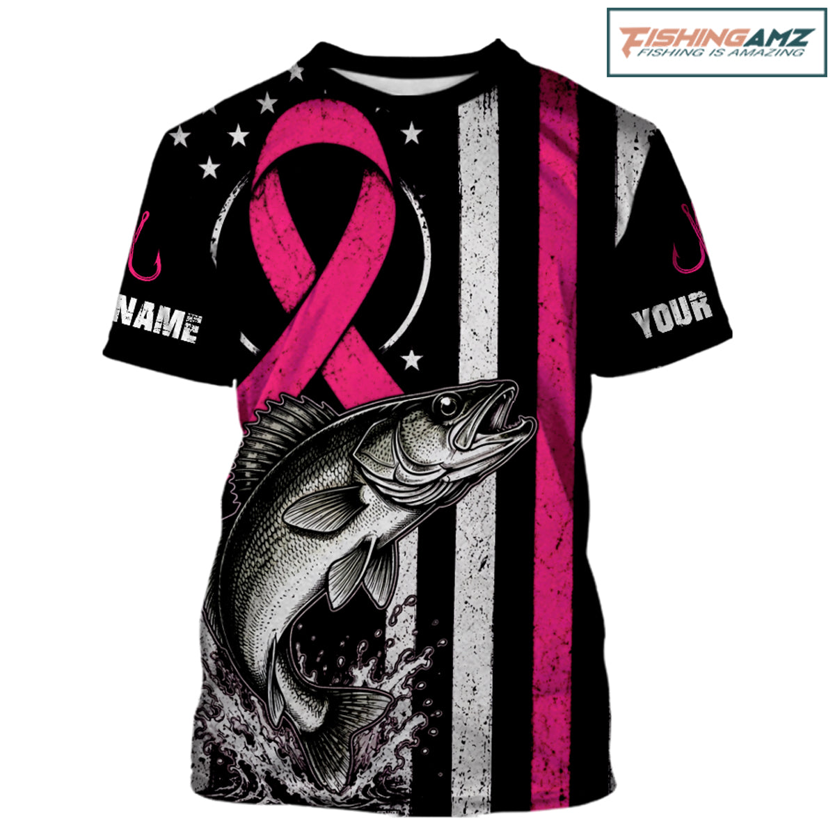 A customizable short-sleeve t-shirt featuring a black background with a large pink awareness ribbon, a detailed black-and-white fish graphic, distressed vertical stripes, and placeholder text 'NAME' and 'YOUR' on the sleeves. A 'FISHINGAMZ' logo is visible in the top right corner.