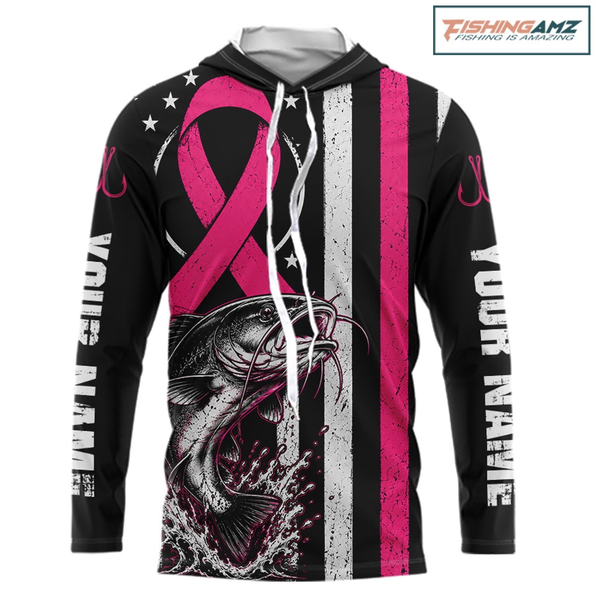 A black long-sleeve hoodie with a pink and white distressed design featuring a large pink ribbon, a fish graphic, white stars, and vertical text on the sleeves. The hood is open, showing a gray interior lining.