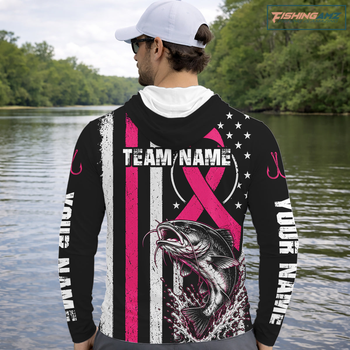 Breast Cancer Awareness Catfish Fishing Shirts Long Sleeve Hooded Personalized Custom Name NHT1293