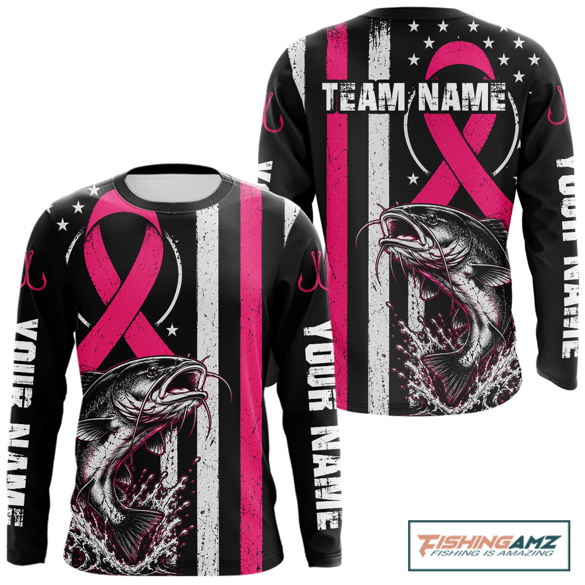 A long-sleeve black shirt with a pink ribbon, a fish graphic, vertical white and pink stripes, and placeholder text on the sleeves.