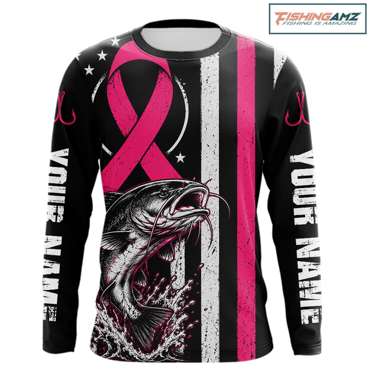 A long-sleeve black shirt with a pink ribbon, a fish graphic, vertical white and pink stripes, and placeholder text on the sleeves.