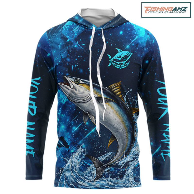 Personalized Tuna Saltwater Blue Long Sleeve Performance Fishing Shirts, Fishing Shirt Gift NHT430