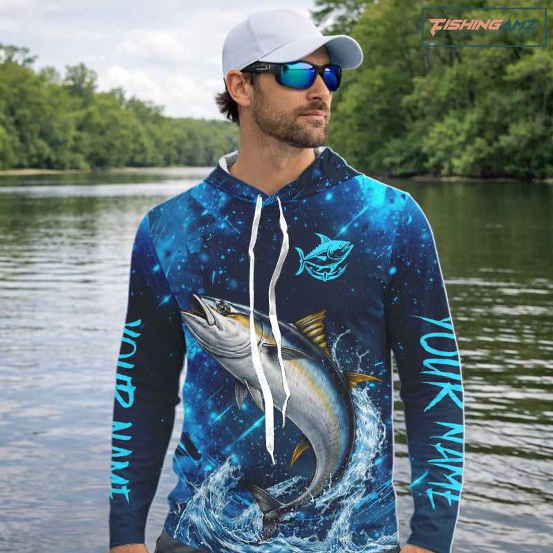 Personalized Tuna Saltwater Blue Long Sleeve Performance Fishing Shirts, Fishing Shirt Gift NHT430
