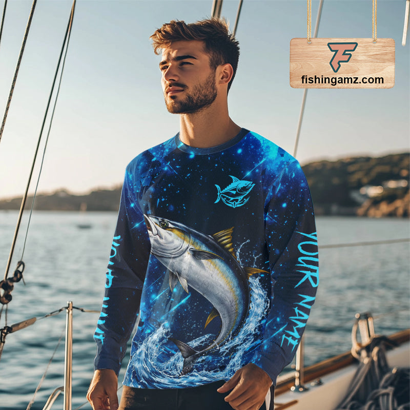 Personalized Tuna Saltwater Blue Long Sleeve Performance Fishing Shirts, Fishing Shirt Gift NHT430