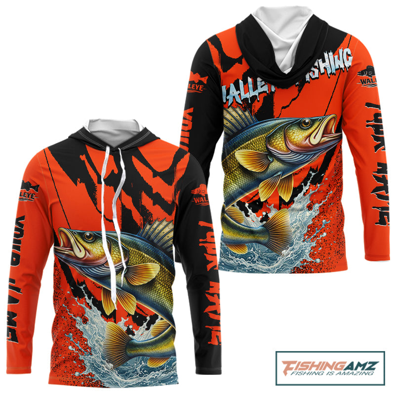 Orange Camo Walleye Fishing Custom Performance Long Sleeve Hooded, Walleye Fishing Jersey NHT432
