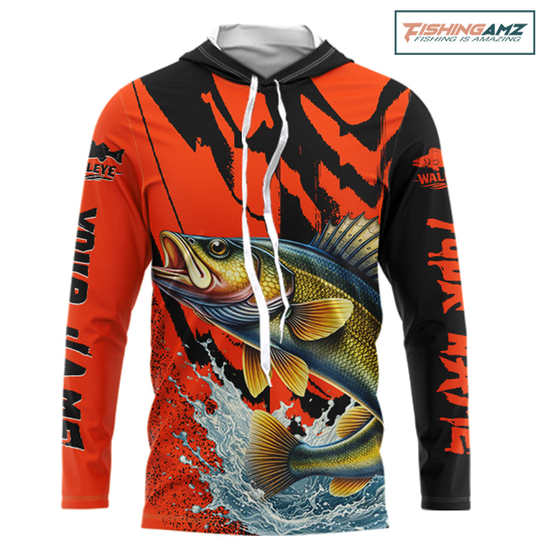 Orange Camo Walleye Fishing Custom Performance Long Sleeve Hooded, Walleye Fishing Jersey NHT432