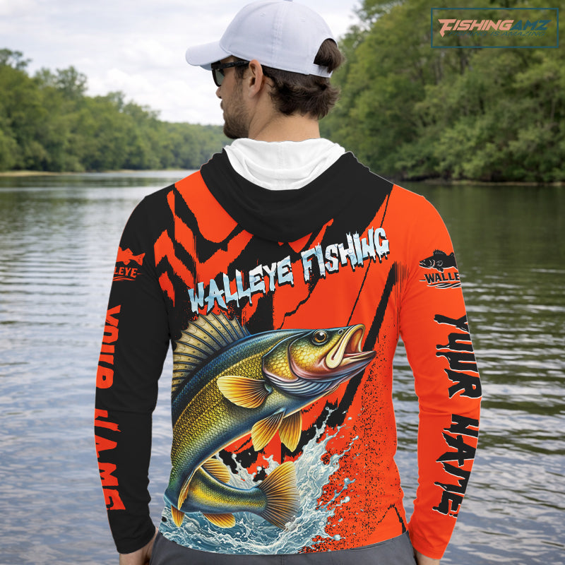 Orange Camo Walleye Fishing Custom Performance Long Sleeve Hooded, Walleye Fishing Jersey NHT432