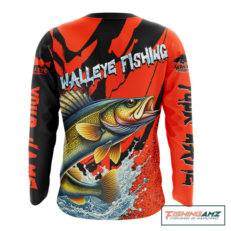 Orange Camo Walleye Fishing Custom Performance Long Sleeve, Walleye Fishing Jersey NHT432