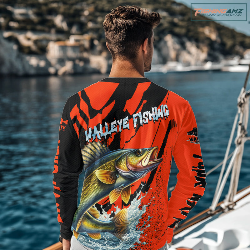 Orange Camo Walleye Fishing Custom Performance Long Sleeve, Walleye Fishing Jersey NHT432