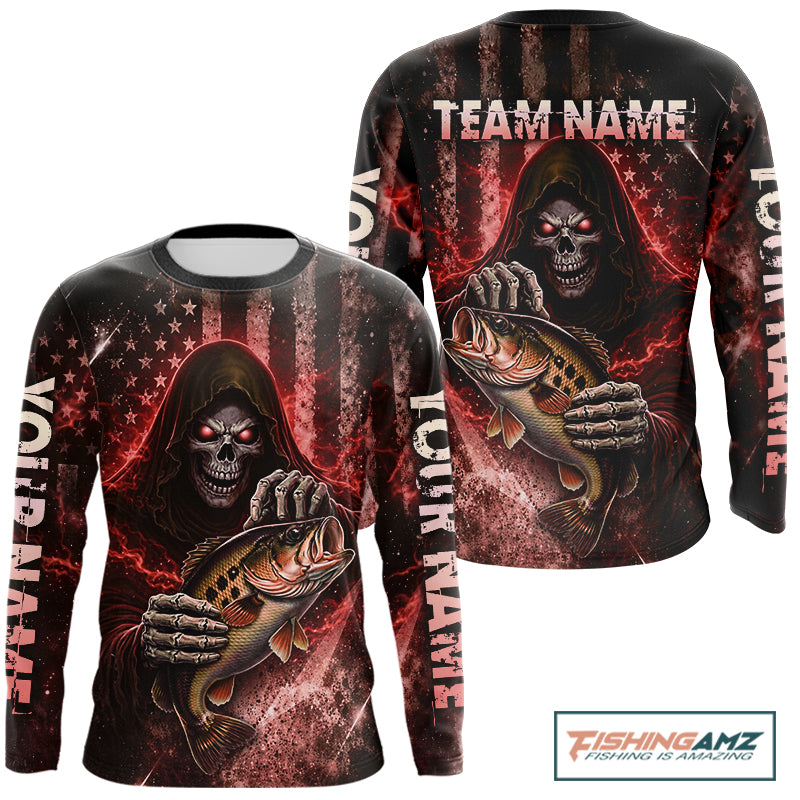 Custom Team Name Grim Reaper Bass Fishing With American Flag - Patriotic Bass Fishing Jersey|Red NHT629