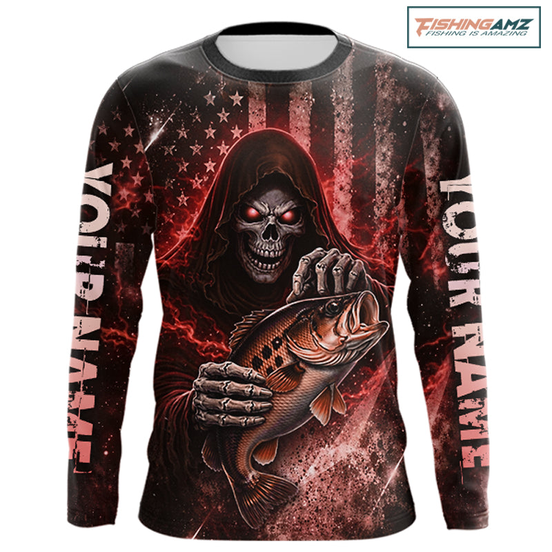 Custom Team Name Grim Reaper Bass Fishing With American Flag - Patriotic Bass Fishing Jersey|Red NHT629