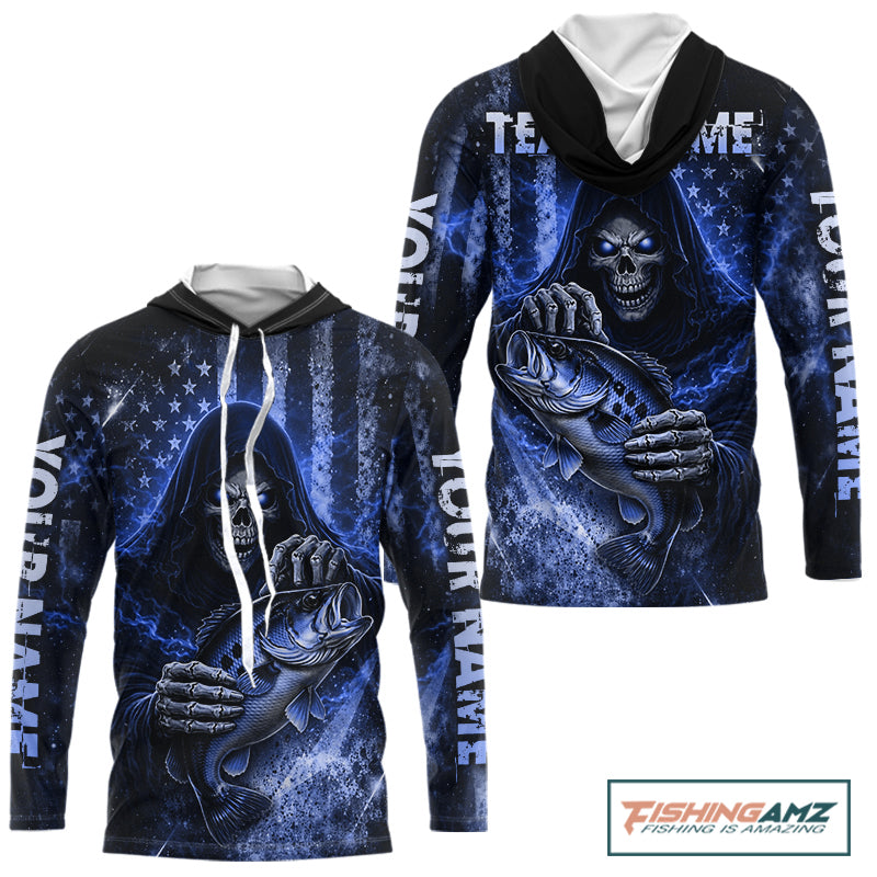 Hooded Custom Team Name Grim Reaper Bass Fishing With American Flag - Patriotic Bass Fishing Jersey|Yellow NHT630