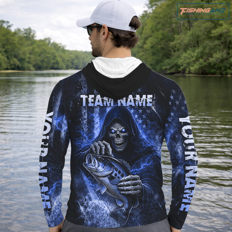 Hooded Custom Team Name Grim Reaper Bass Fishing With American Flag - Patriotic Bass Fishing Jersey|Yellow NHT630