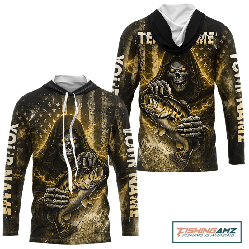 Hooded Custom Team Name Grim Reaper Bass Fishing With American Flag - Patriotic Bass Fishing Jersey|Blue NHT631
