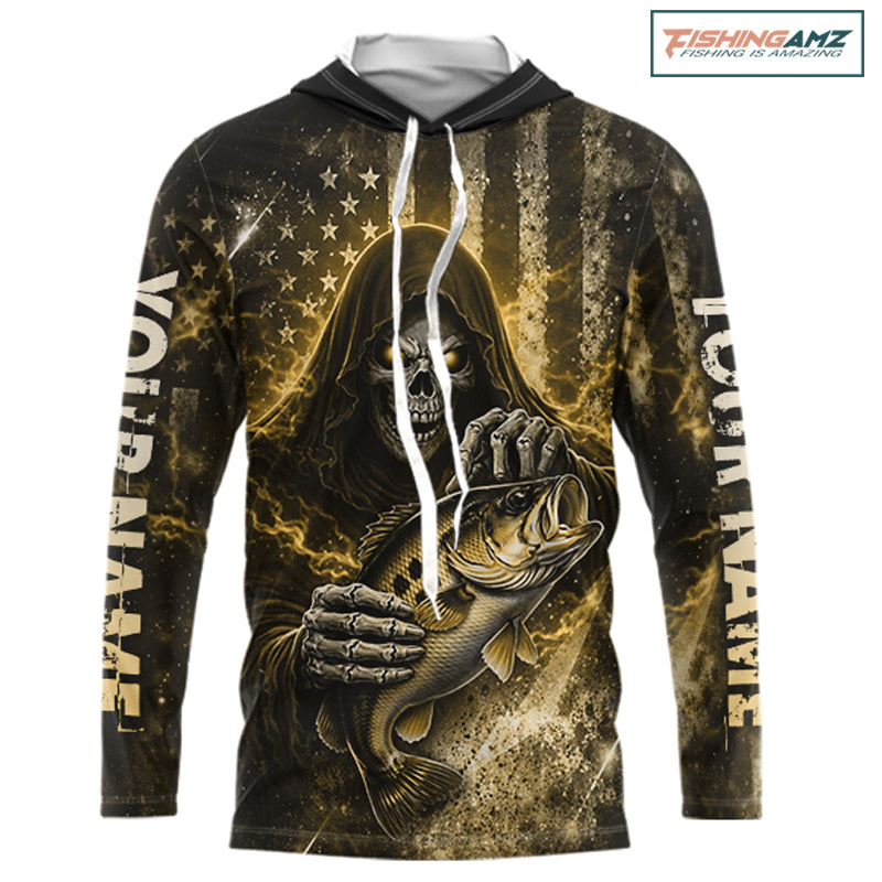 Hooded Custom Team Name Grim Reaper Bass Fishing With American Flag - Patriotic Bass Fishing Jersey|Blue NHT631