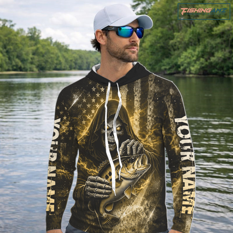 Hooded Custom Team Name Grim Reaper Bass Fishing With American Flag - Patriotic Bass Fishing Jersey|Blue NHT631