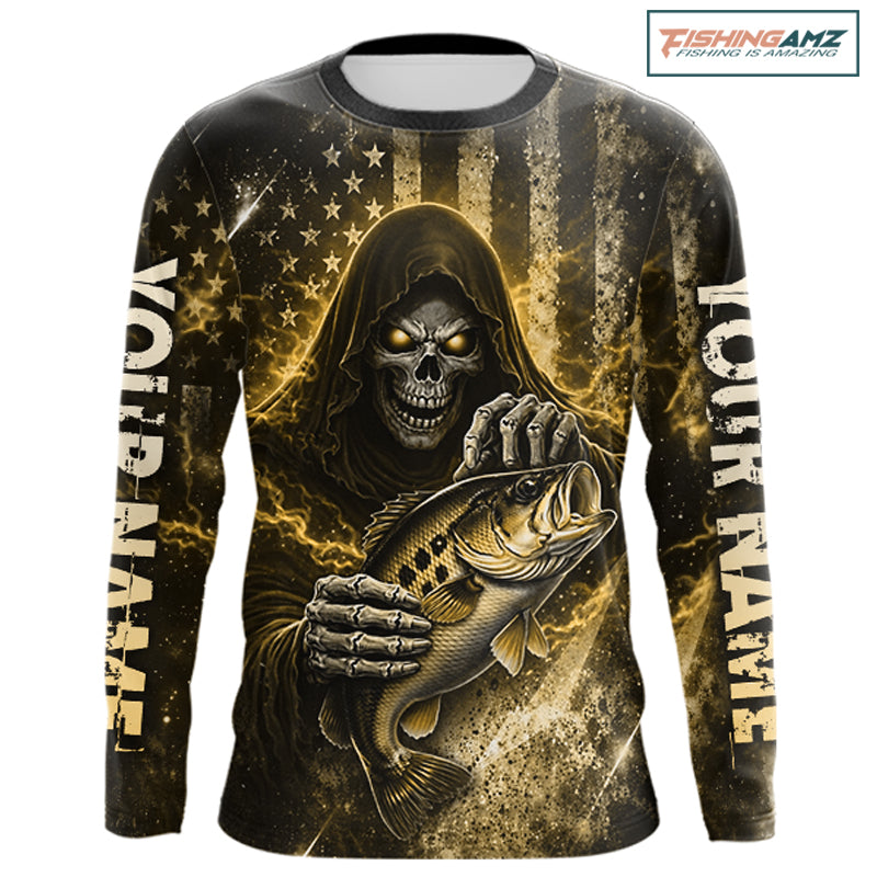 Custom Team Name Grim Reaper Bass Fishing With American Flag - Patriotic Bass Fishing Jersey|Blue NHT631
