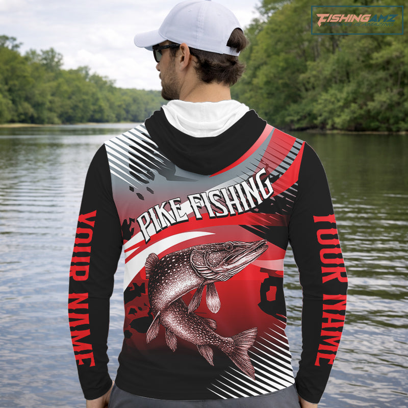 Custom Pike Hooded Long Sleeve Performance Fishing Shirts, Pike Fishing Shirt For Men NHT443
