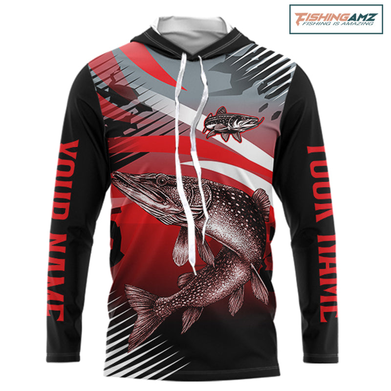 Custom Pike Hooded Long Sleeve Performance Fishing Shirts, Pike Fishing Shirt For Men NHT443